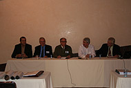 Reunión de empresarios de Biotecnología , N. Diaz Chico (i), Miguel F Braña (CEAMED SA), AG Ravelo (Moderador), Juan C. Lacal (TCD Pharma) y Luciano Reverón (Reverón e hijos SL)